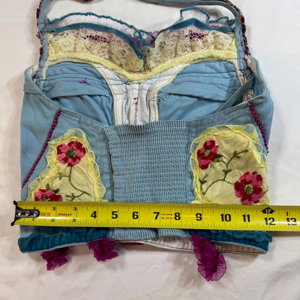 Handmade Boho Corset Halter Top Blue Corduroy Lace Floral Embellished Whimsigoth - Picture 8 of 8